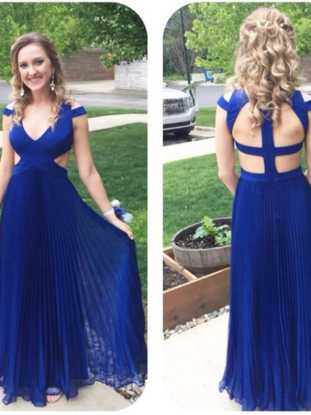 Mignon Royal Blue Pleated Backless Evening Gown